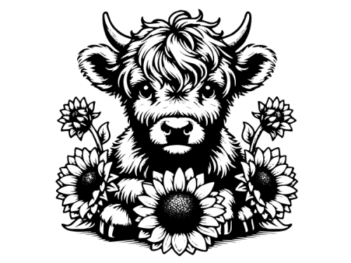 Highland Cow With Sunflowers Svg & Png, Cow Clipart, Highland Cow Vector Image, Cow Silhouette, Sublimation Design, Farm Animal Cut File